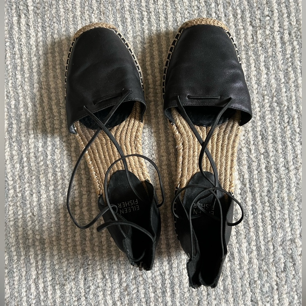 Eileen Fisher Leather Espadrilles - Size 8.5 - Black - GUC